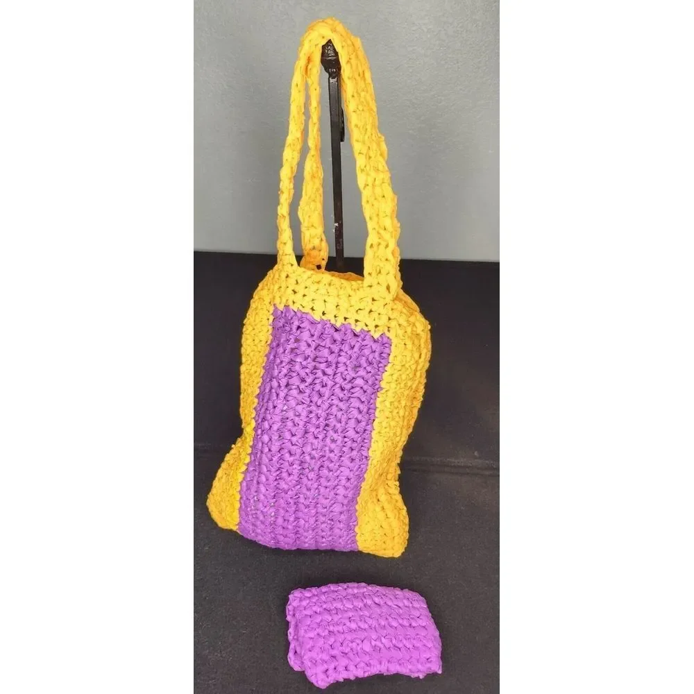 Crochet Plastic Tote Bag & Coin Purse Set With‎ Flower Design - Picture 3 of 10